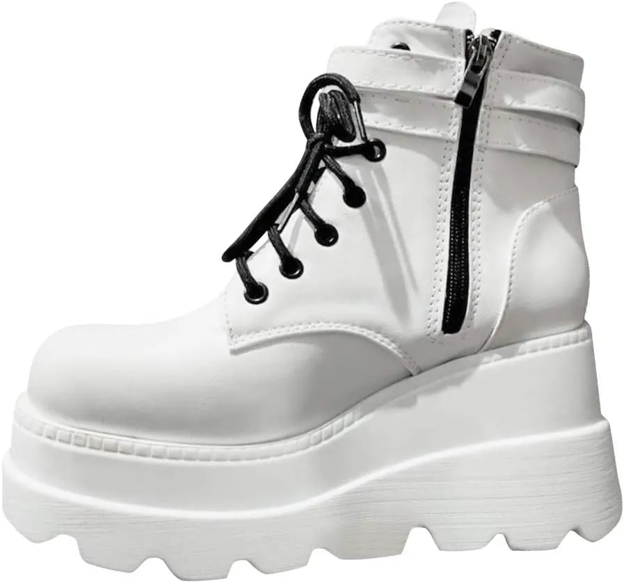 ZBYY Women's Platform Wedges Boots Chunky Thick Side Zipper Combat Boots High Heels Waterproof Party Dress Boots
