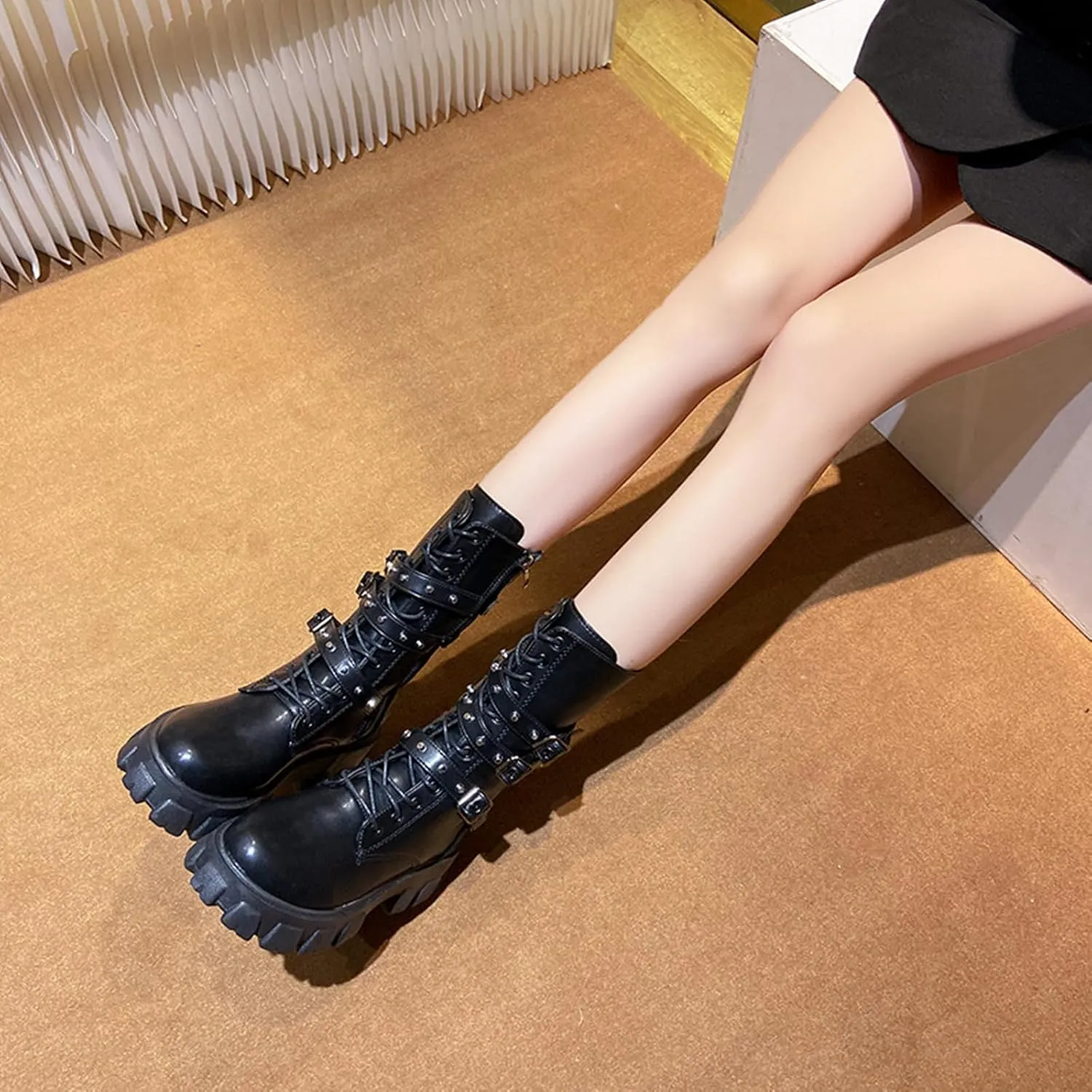 ZKXYFFS Women's Goth Ankle Booties Chunky High Heel Mid Calf Boots Side Zip Combat Lace Up Punk Rivet Motorcycle Platform Boots