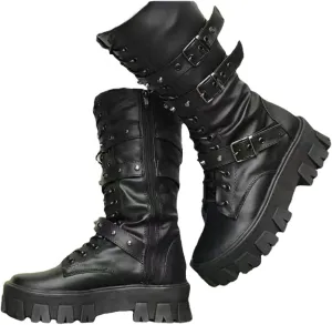 ZKXYFFS Women's Goth Ankle Booties Chunky High Heel Mid Calf Boots Side Zip Combat Lace Up Punk Rivet Motorcycle Platform Boots