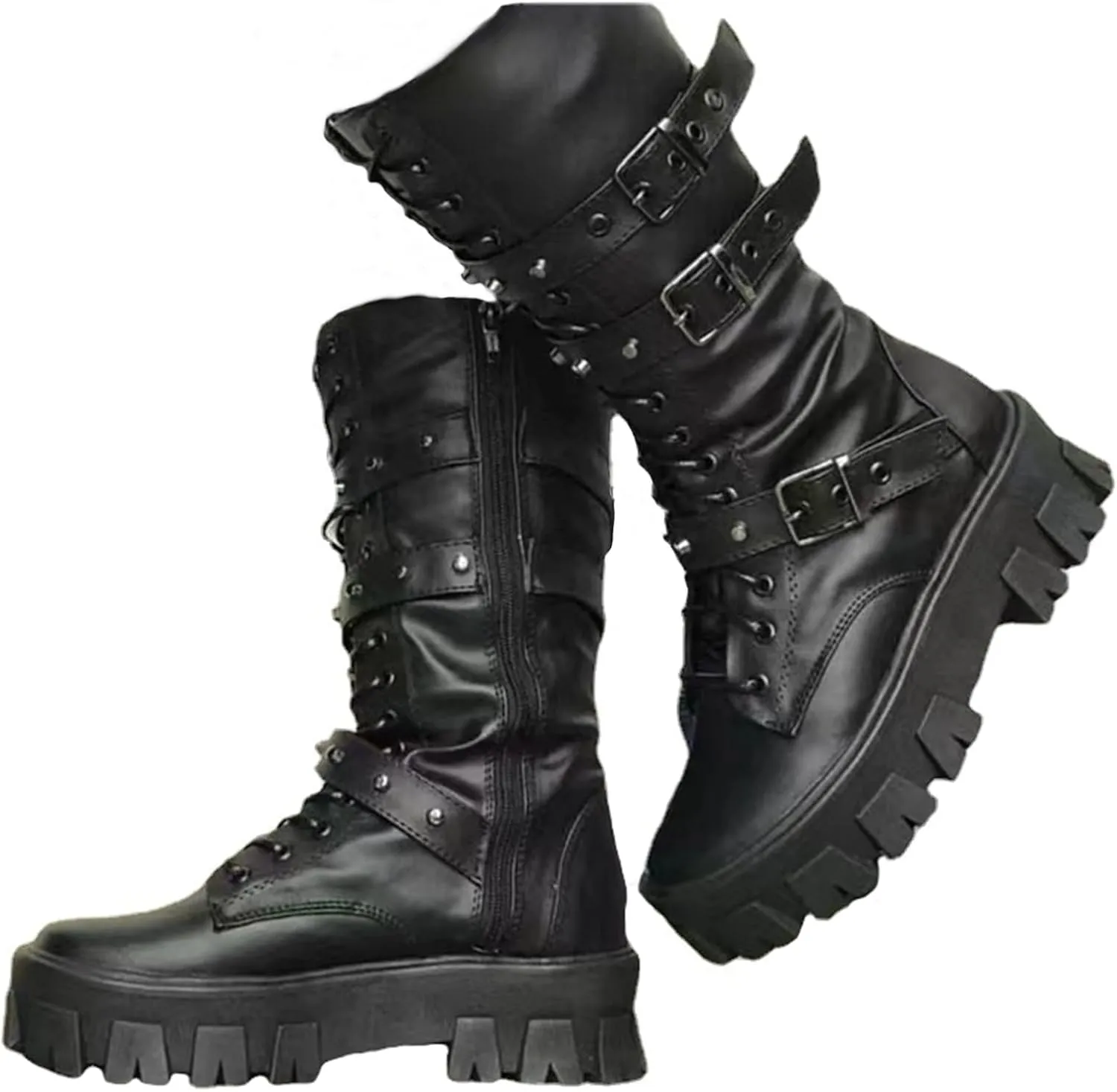 ZKXYFFS Women's Goth Ankle Booties Chunky High Heel Mid Calf Boots Side Zip Combat Lace Up Punk Rivet Motorcycle Platform Boots