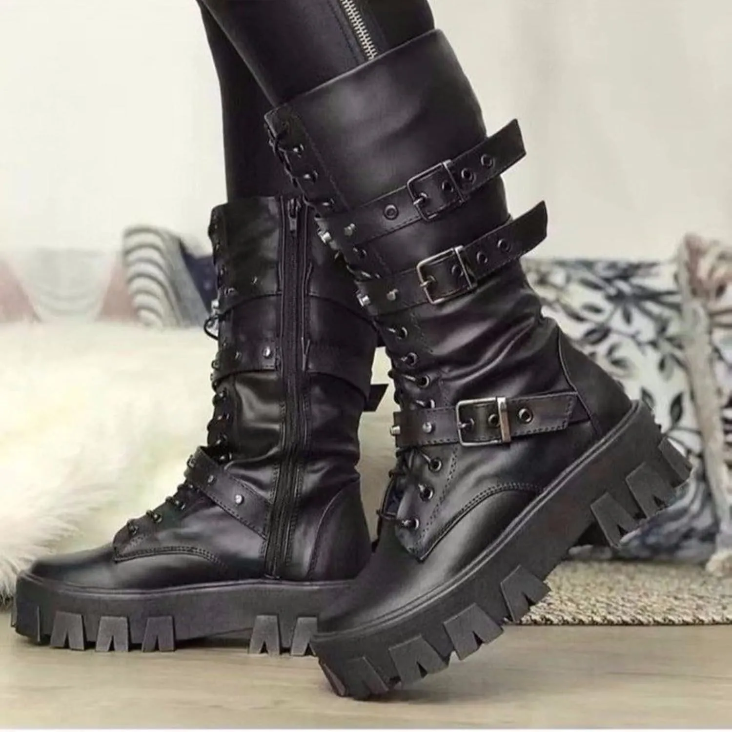 ZKXYFFS Women's Goth Ankle Booties Chunky High Heel Mid Calf Boots Side Zip Combat Lace Up Punk Rivet Motorcycle Platform Boots